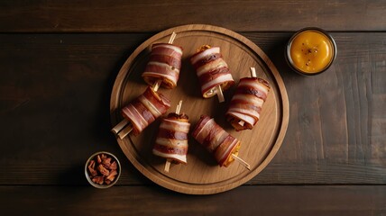 Wall Mural - appetizing bacon wrapped snacks on wooden plate flat lay background