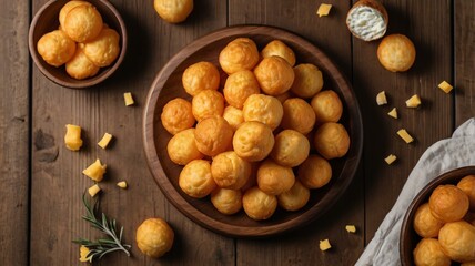 Wall Mural - appetizing cheese puffs on wooden plate flat lay background