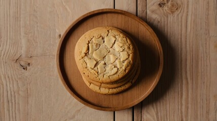 Wall Mural - appetizing cookies on wooden plate flat lay background