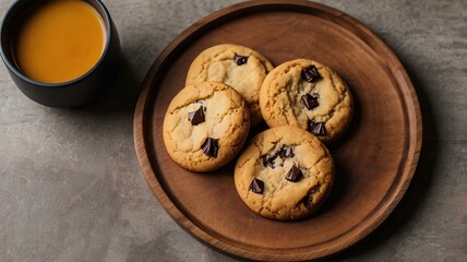 Wall Mural - appetizing cookies on wooden plate flat lay background