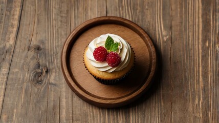 Wall Mural - appetizing cupcakes on wooden plate flat lay background