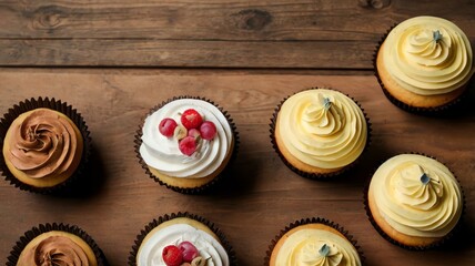 Wall Mural - appetizing cupcakes on wooden plate flat lay background
