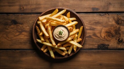 Wall Mural - appetizing french fries on wooden plate with dip flat lay background