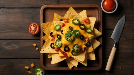 Wall Mural - appetizing nachos with cheese on wooden plate flat lay background