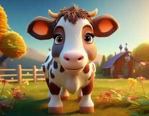 Canvas Print - Cute Cartoon Cow Character on a Farm