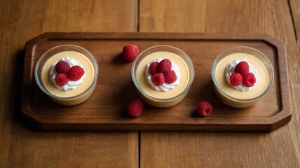 Wall Mural - appetizing pudding cups on wooden plate flat lay background