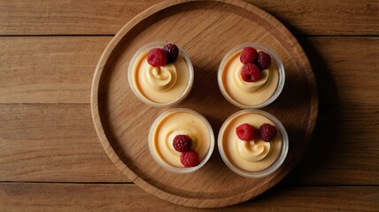 Wall Mural - appetizing pudding cups on wooden plate flat lay background