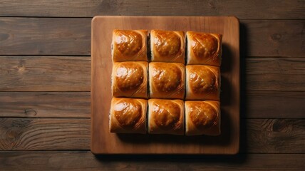 Wall Mural - appetizing sausage rolls on wooden plate flat lay background