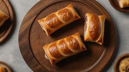 Wall Mural - appetizing sausage rolls on wooden plate flat lay background