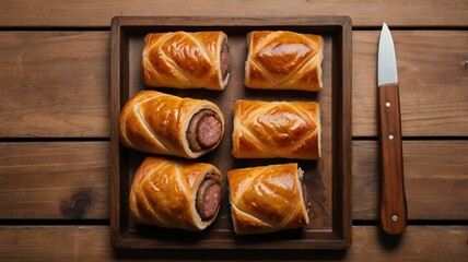 Wall Mural - appetizing sausage rolls on wooden plate flat lay background