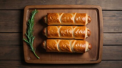 Wall Mural - appetizing sausage rolls on wooden plate flat lay background