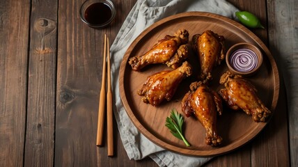 appetizing chicken wings on wooden plate flat lay background