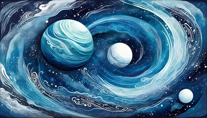 Wall Mural - Intricate blue planet with swirling patterns and a smaller celestial body, embodying the vastness and interconnected essence of the cosmic landscape