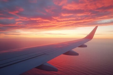 Airplane flight in sunset sky over ocean water and wing of plane. View from the window of the Aircraft. Traveling in air - generative ai