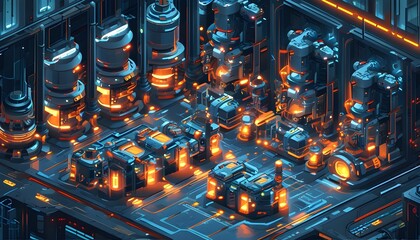 Futuristic factory isometric illustration featuring glowing lights and advanced industrial machinery showcasing cutting-edge technology