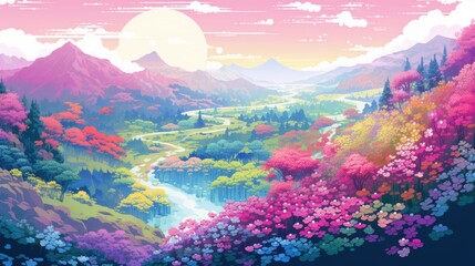 Wall Mural - A Dreamy Valley with a Winding River and Blooming Flowers Under a Pink Sky