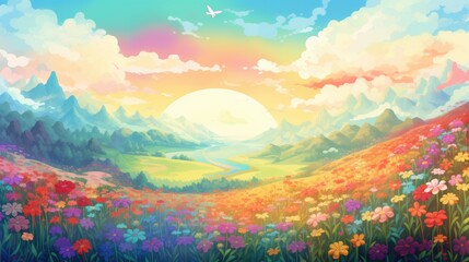 Wall Mural - Vibrant Flower Field Against a Mountainous Landscape with a Bright Sun and a Single Bird in Flight