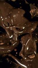 Poster - Super Slow Motion of Falling Group of Chocolate Chunks. Moving Down and Splashing into Melted Chocolate. Filmed on High Speed Cinema Camera, 1000fps.