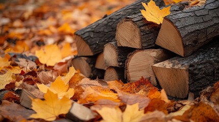 Canvas Print - A pile of chopped logs with fallen leaves.