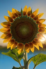 Wall Mural - Realistic photo of sunflower bloom in flower field ground garden park and sun flare with mountain landscape and cloud blue sky background, in concept of growth and rise