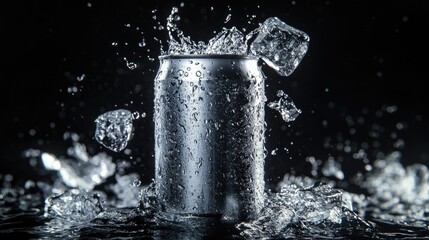 Sleek aluminum can with ice cubes and water splashes frozen in motion, isolated on a dark black background