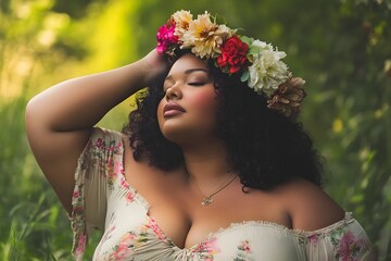 confident and empowered plus size woman s serene portrait in floral garden