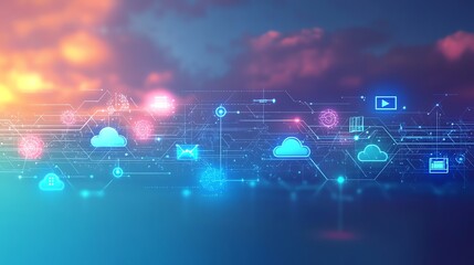 Poster - Abstract digital network with cloud icons.