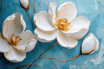 Wall Mural - White Flowers on Blue Background