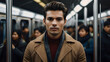 © Natasa - Man in modern clothes standing inside the train of a crowded subway. Blurred background.