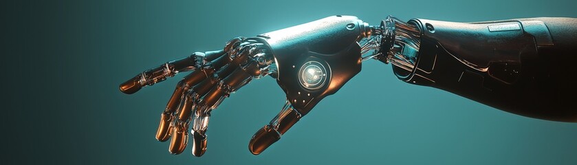 Poster - AI-powered prosthetic limbs, a futuristic robotic hand reaching out, showcasing intricate mechanics and a sleek design against a moody background