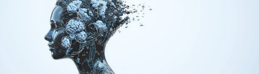 Poster - Digital twins for patient treatment simulation, a surreal depiction of a woman's profile, where her head appears to disintegrate into particles, symbolizing creativity and transformation