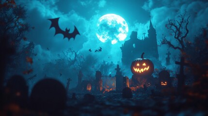 2408 6.A haunted Halloween scene with dark, twisted trees and a glowing full moon illuminating a spooky graveyard. Shadowy figures of ghosts and bats fly across the sky, while a carved pumpkin with a