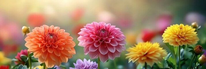 Canvas Print - Colorful Dahlia and Gerbera Flowers in Soft Focus