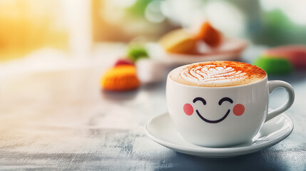 Cappuccino coffee cup with a smiley face and colorful pastries on a table, blurred background