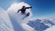 © Elena Balina - Snowboarding tricks in powder snow, snowboarder mid-air on mountain slope, dynamic action shot