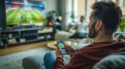 Poster - A man is sitting on a couch and playing a game on his phone