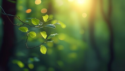 dreamy morning forest scene with bokeh effect showcasing lush wild foliage and serene tree branches in a tranquil spring summer setting