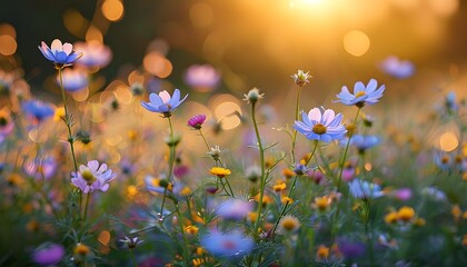 Canvas Print - serene morning wildflower field with soft focus bokeh, capturing the beauty of spring and summer in natures vibrant backdrop