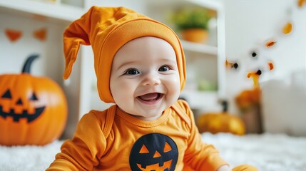 Close-up of a smiling baby in a pumpkin outfit, with Halloween decorations in the room, on a white background.