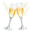 © mashimara - Two champagne glasses clinking together, with golden bubbles splashing, representing a celebratory toast, isolated on white.