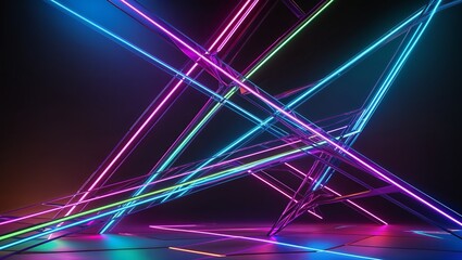 Poster - 3d render abstract geometric background of colorful neon lines glowing in the dark futuristic wallpaper.