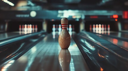 Wall Mural - A lone bowling pin stands on a lane in a bowling alley.