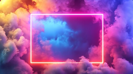 Poster - a neon pink square in front of a blurry background of pink, blue and yellow clouds.