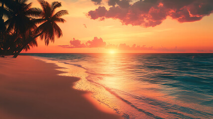 A beautiful sunset over a tropical beach with palm trees silhouetted against the vibrant sky.