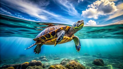 Wall Mural - In a vibrant aquatic habitat, a unique snake-neck turtle swims gracefully through clear blue waters, embodying the