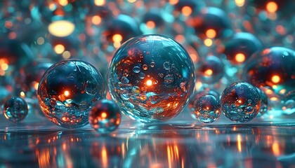 3D Abstract array of glassy spheres, each one casting reflections and light flares, floating in an ethereal atmosphere. Made with generative AI technology