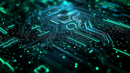 Aufkleber - Close-up of a glowing green circuit board with intricate pathways and connections.