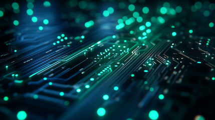 Aufkleber - A close-up shot of a circuit board with glowing green lights, symbolizing technology and innovation.