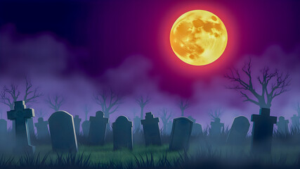 Wall Mural - Halloween background with graveyard and full moon. Halloween vector illustration