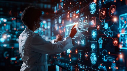 Poster - A woman in a white lab coat is pointing at a computer screen with a lot of numbe